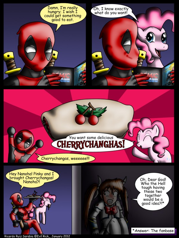 baked_goods cherry dialogue female feral food fruit humor pastry plant text evil-rick friendship_is_magic hasbro marvel my_little_pony deadpool nanoha pinkie_pie_(mlp) earth_pony equid equine horse mammal pony 3:4 comic crossover english_text hi_res