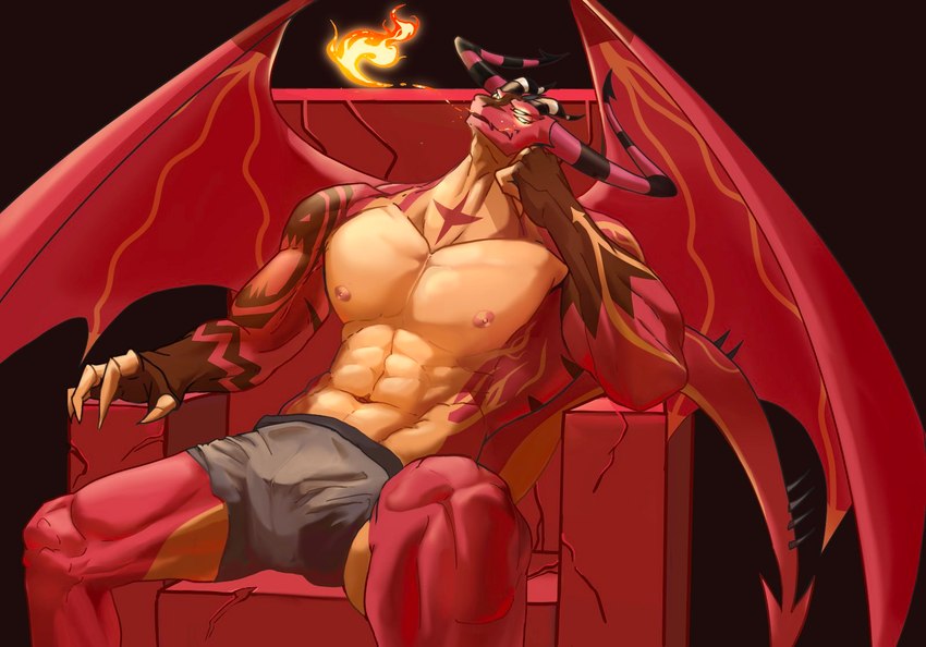 abs anthro blade11028 chair clothing furniture horn male male_anthro muscular muscular_anthro muscular_male navel nipples red_body sitting tail throne underwear wings helluva_boss mythology satan_(helluva_boss) dragon mythological_creature mythological_scalie scalie digital_drawing_(artwork) digital_media_(artwork) hi_res