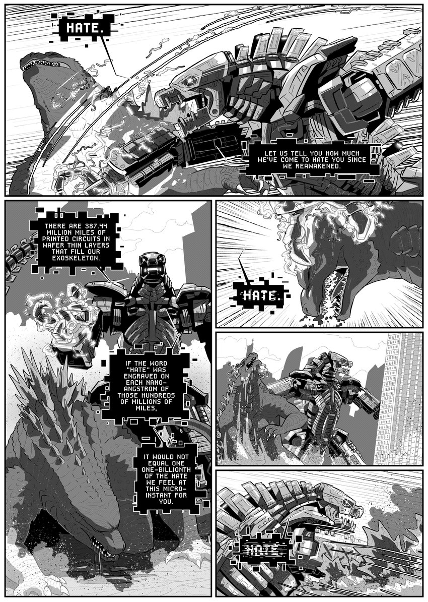 all_fours ambiguous_gender back_spikes blood bodily_fluids border city city_destruction cityscape destruction drooling duo feral fight machine male mecha saliva spikes spikes_(anatomy) spines text text_box white_border pyrasterran godzilla_(series) i_have_no_mouth_and_i_must_scream i_have_two_sides_(meme) monsterverse toho am_(ihnmaims) godzilla king_ghidorah mechagodzilla kaiju absurd_res black_and_white comic english_text greyscale hi_res monochrome