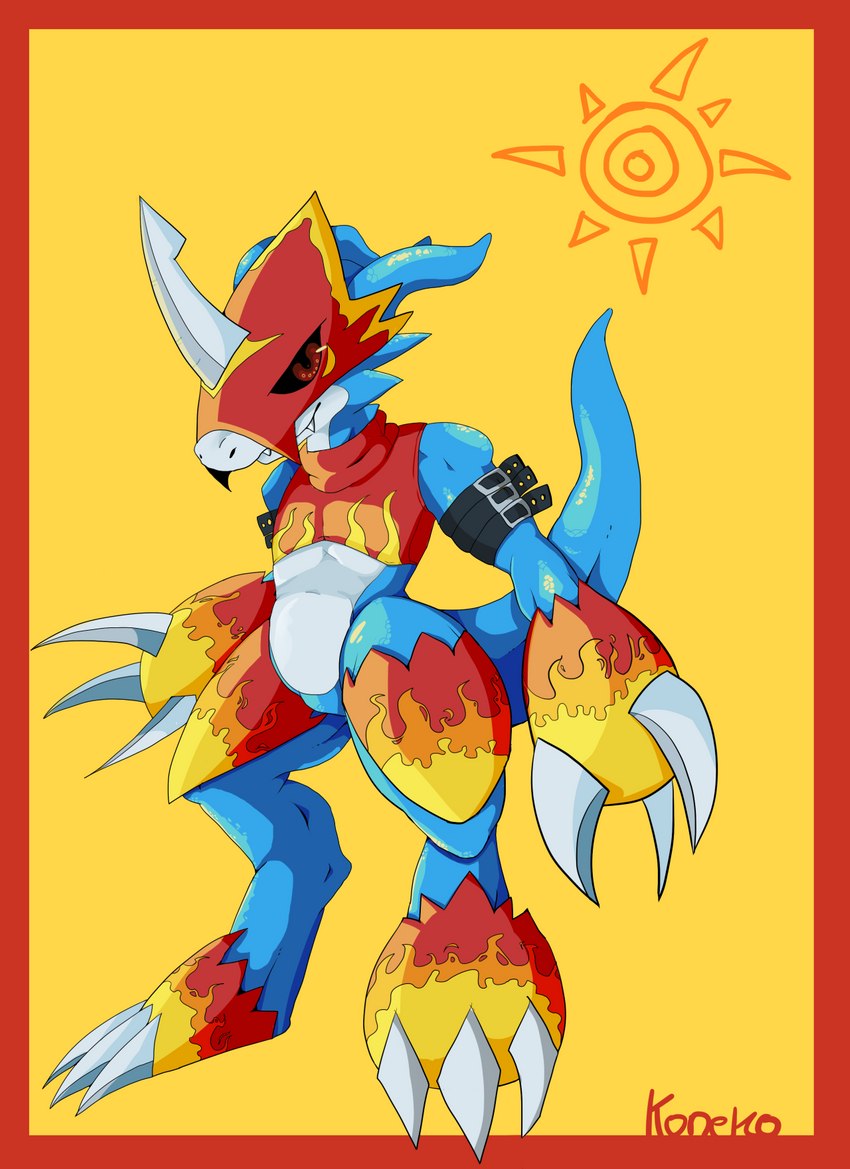 anthro armor black_sclera blue_body claws crest_of_courage digimon_crest digitigrade featureless_crotch horn male sharp_teeth simple_background smile solo straps symbol teeth toe_claws white_body yellow_background koneko_(artist) bandai_namco digimon digimon_(species) flamedramon reptile scalie hi_res