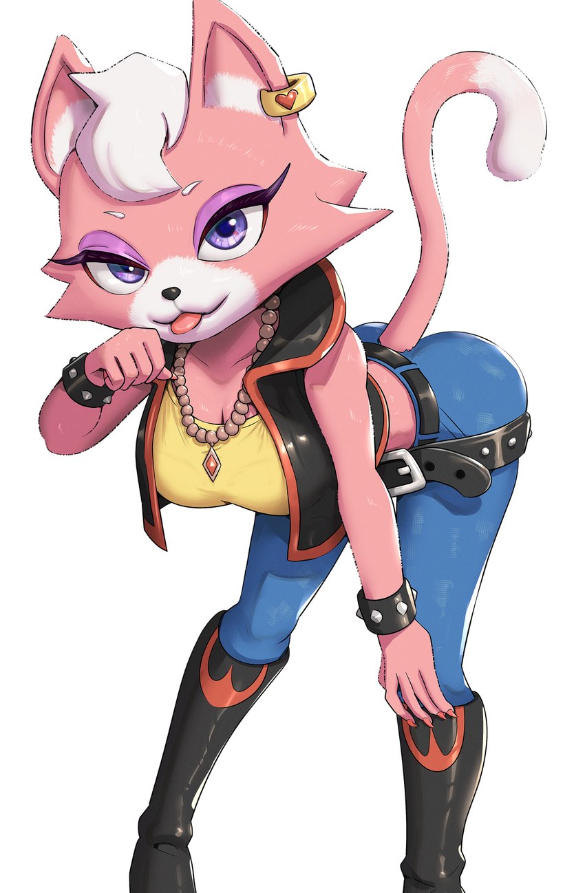 5_fingers anthro belt boots bottomwear breasts clothing ear_piercing ear_ring eyeshadow female fingers footwear fur hair jacket jewelry makeup necklace pants piercing purple_eyes ring_piercing shoes solo tongue tongue_out topwear white_hair gonzarez1938 nintendo star_fox katt_monroe felid feline mammal 2021 hi_res