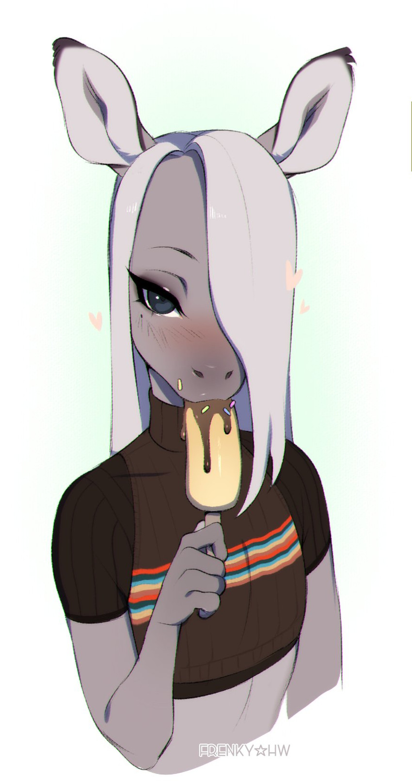 5_fingers anthro blush brown_body brown_fur candy chocolate clothing dessert dirty eating eyelashes femboy fingers food fur green_background grey_eyes grey_hair hair hair_over_eye heart_symbol holding_food holding_object long_hair looking_at_viewer male markings mole_(marking) one_eye_obstructed popsicle simple_background solo sprinkles sweater topwear turtleneck white_background frenky_hw rin_(frenky_hw) asinus donkey equid equine mammal artist_name digital_media_(artwork) half-length_portrait hi_res portrait