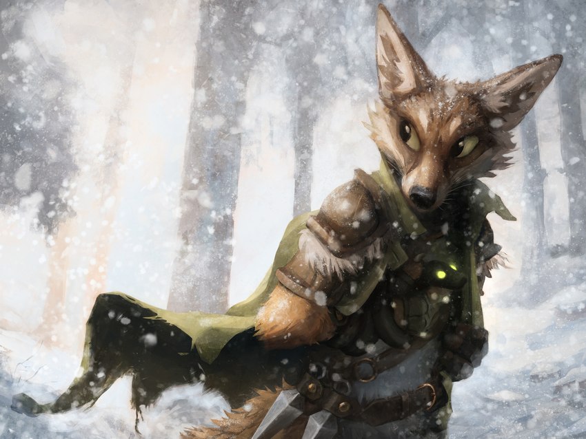 ambiguous_gender anthro armor biped black_nose bracers cloak clothed clothing coiling detailed_background duo feral forest fur gloves glowing glowing_eyes green_eyes handwear looking_back male nature orange_body orange_fur outside pauldron plant ranged_weapon snow snowing throwing_knife tree walking weapon whiskers white_body white_fur kenket tangletorn trell canid canine demon fox mammal reptile scalie snake 2020 detailed digital_media_(artwork) hi_res