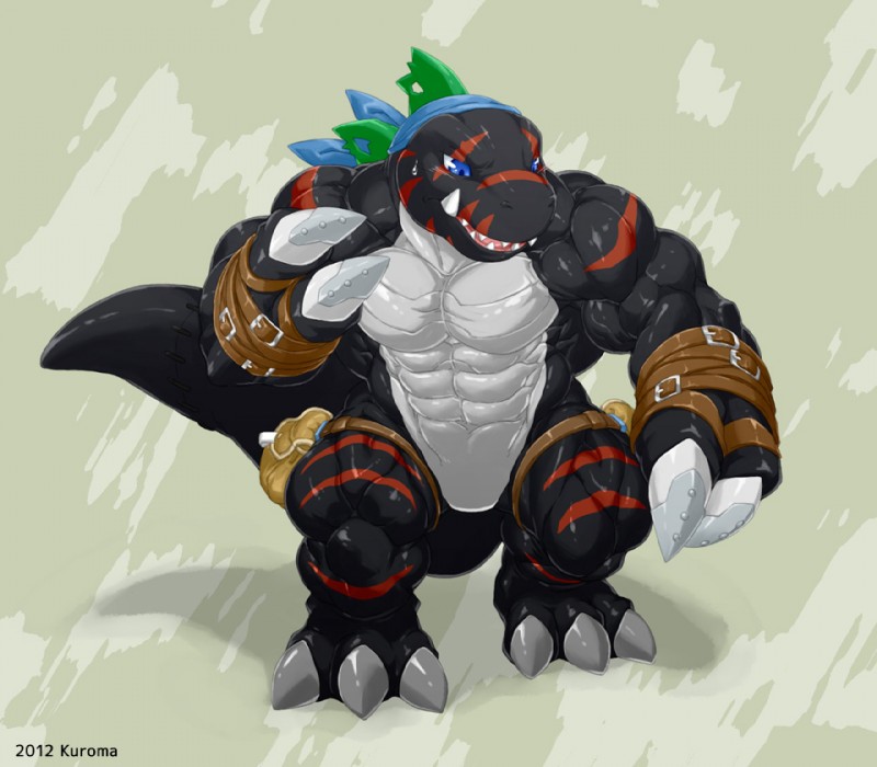 abs anthro athletic belt biceps big_muscles biped black_body black_skin blue_eyes claws clothed clothing fangs grey_body grey_skin male markings muscular muscular_anthro muscular_male open_mouth partially_clothed pecs red_body red_skin scales solo standing stripes tail teeth toe_claws tongue vein kuroma bandai_namco digimon darktyrannomon digimon_(species) dinosaur prehistoric_species reptile scalie theropod tyrannomon 2012