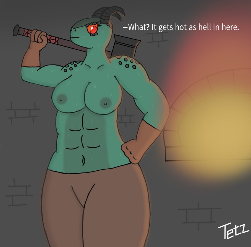 annoyed anthro big_breasts breasts clothed clothing dialogue female horn muscular muscular_anthro muscular_female solo text thick_thighs turi_(tetz) weapon tetz_(artist) scalie english_text hi_res