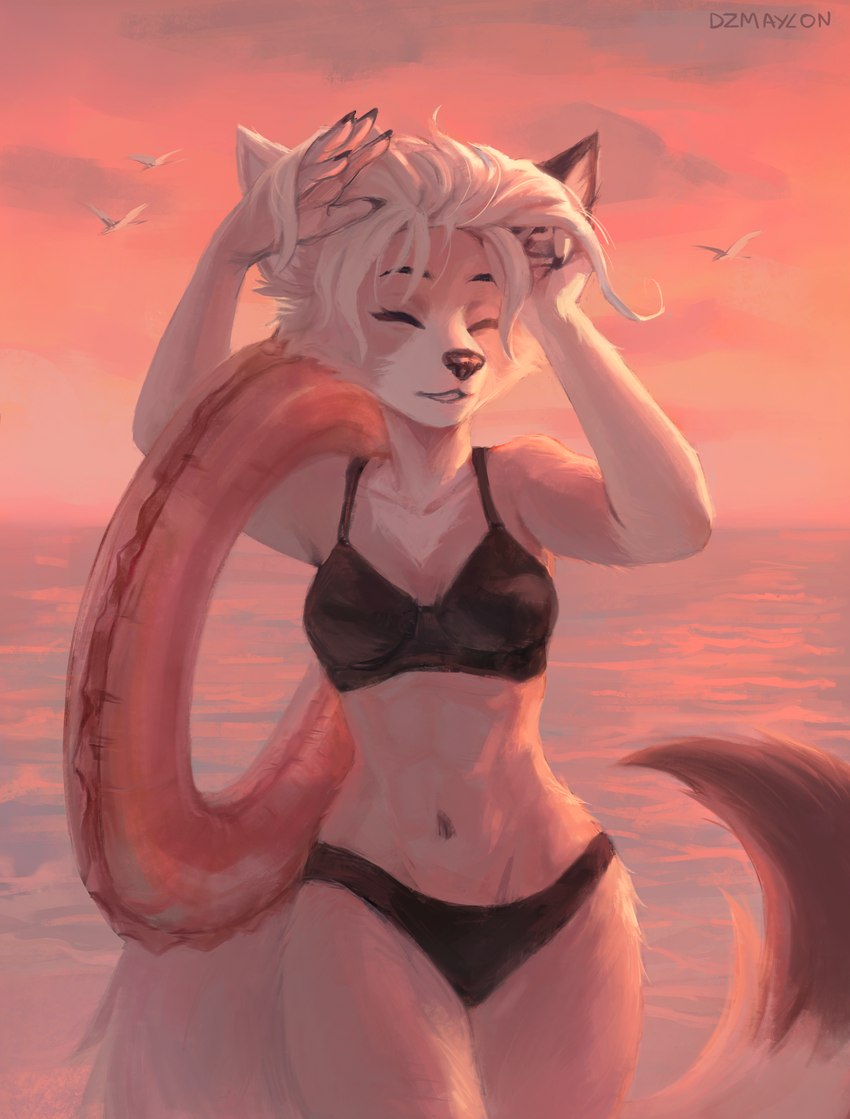 abs anthro beach clothing eyes_closed female navel panties pool_float seaside smile solo sunset swimwear underwear dzmaylon maven_kinkade canid canine canis mammal wolf absurd_res hi_res