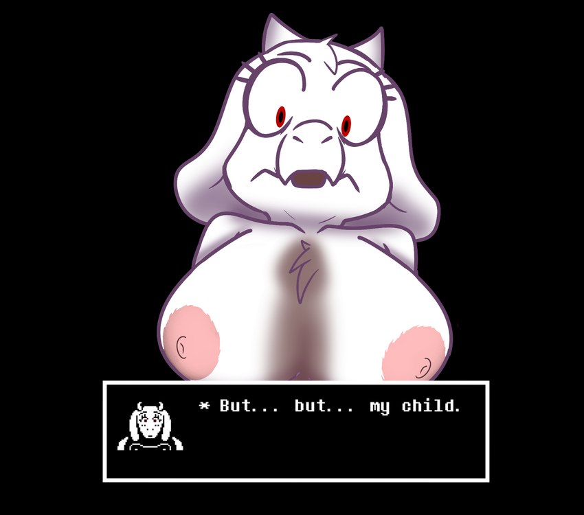 anthro big_breasts black_background breasts eyelashes female horn imminent_sex nipples penis_shadow red_eyes simple_background solo surprised_expression text_box karkrx23 undertale undertale_(series) toriel boss_monster_(undertale) bovid caprine mammal hi_res