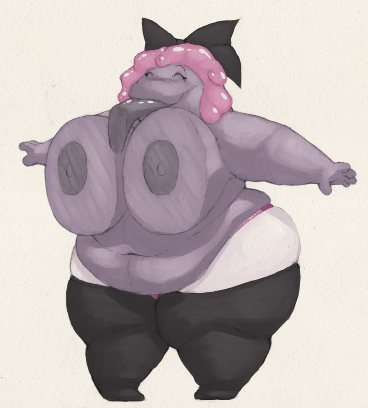 accessory alternate_species anthro big_breasts bow_(feature) bow_accessory bow_ribbon breast_squish breasts centered_hair_bow clothing female hair hair_accessory hair_bow hair_ribbon huge_breasts humanoidized legwear nipples non-mammal_nipples not_furry obese obese_female obese_humanoid overweight overweight_anthro overweight_female overweight_humanoid pink_hair pokemorph purple_body ribbons simple_background solo squish standing thick_thighs tongue white_background arkveveen_(artist) nintendo pokemon tanya_(mcnasty) generation_1_pokemon goo_creature goo_humanoid humanoid muk pokemon_(species) hi_res