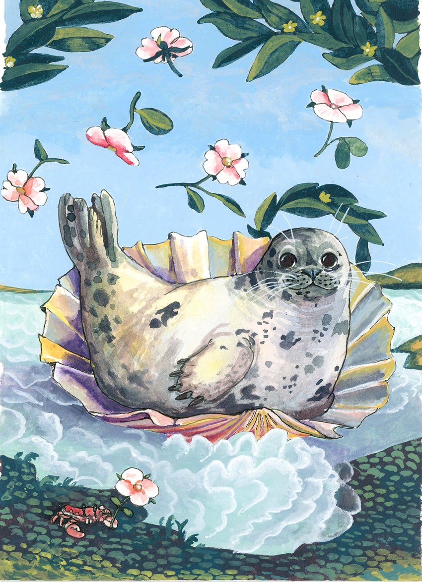 ambiguous_gender day detailed_background duo feral flippers flower holding_flower holding_object outside plant pose seashell seaside shell water whiskers goat-soap birth_of_venus arthropod crab crustacean decapoda malacostracan mammal marine pinniped seal hi_res inspired_by_formal_art traditional_media_(artwork)