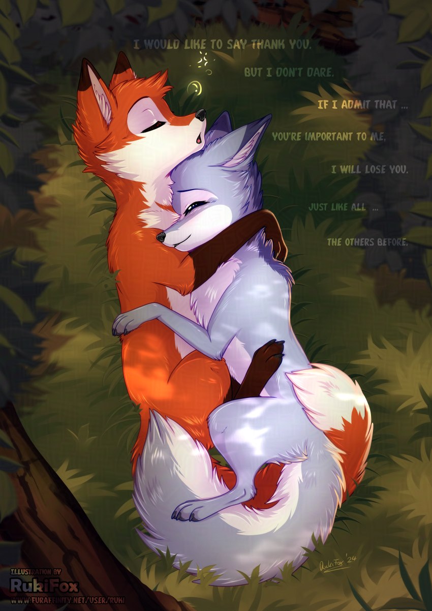 cuddling dipstick_tail duo female feral fur grey_body grey_fur male markings red_body red_fur sleeping tail tail_markings thoughts rukifox ice_(rukifox) riu_(rukifox) canid canine fox mammal hi_res