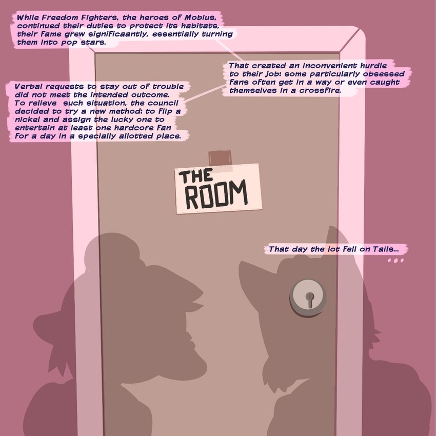 beginning door duo female inside male male/female shadow sign speech_bubble storytelling text title jackofak sega sonic_the_hedgehog_(series) athena_the_bat-cat fan_character miles_prower bat canid canine domestic_cat felid feline felis fox mammal 1:1 comic english_text hi_res