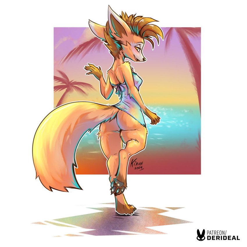 anthro black_pawpads blush bottomless brown_hair butt clothed clothing female fur hair looking_back open_mouth orange_body orange_fur pawpads rear_view solo yellow_eyes kiaun derideal vex_(xen) canid canine fox mammal 2024 hi_res