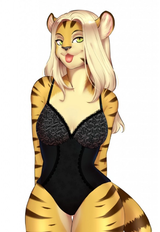 anthro basque breasts clothed clothing curvy_figure female green_eyes hourglass_figure lingerie looking_at_viewer smile solo standing tongue tongue_out wide_hips melamoryblack kara_(furryneko) felid mammal pantherine tiger hi_res