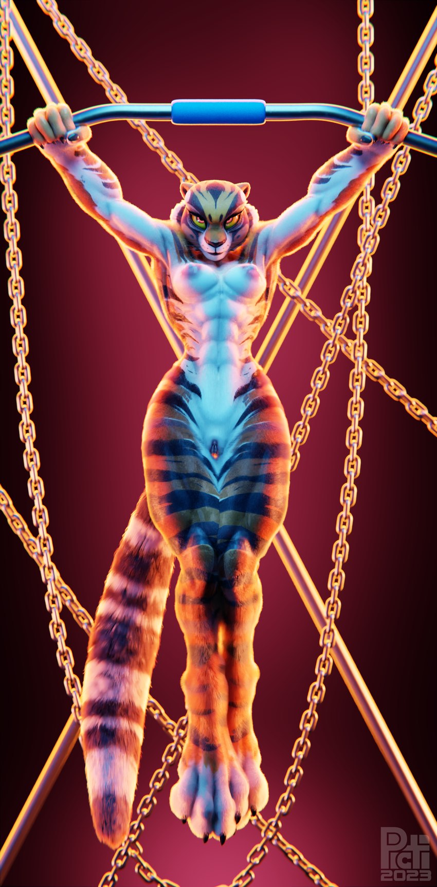 anthro areola black_stripes breasts chain clitoris dangling exercise female front_view fur genitals low-angle_view muscular muscular_anthro muscular_female nipples nude orange_body orange_fur pecs pecs_with_breasts pull-up_(exercise) pussy red_eyes small_breasts stripes workout yellow_sclera picti dreamworks kung_fu_panda master_tigress felid mammal pantherine tiger 2023 3d_(artwork) absurd_res digital_media_(artwork) hi_res watermark