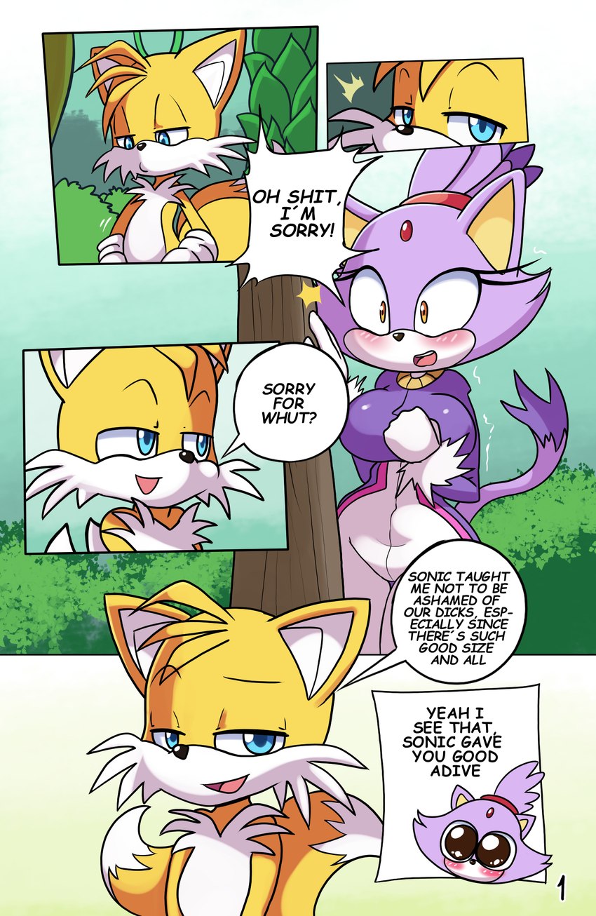 anthro big_breasts biped breasts clothed clothing dialogue duo female fur male pupils purple_body purple_fur smile speech_bubble text yellow_body yellow_fur ichduhernz gachimuchi sega sonic_the_hedgehog_(series) blaze_the_cat miles_prower canid canine domestic_cat felid feline felis fox mammal 2024 absurd_res comic english_text hi_res