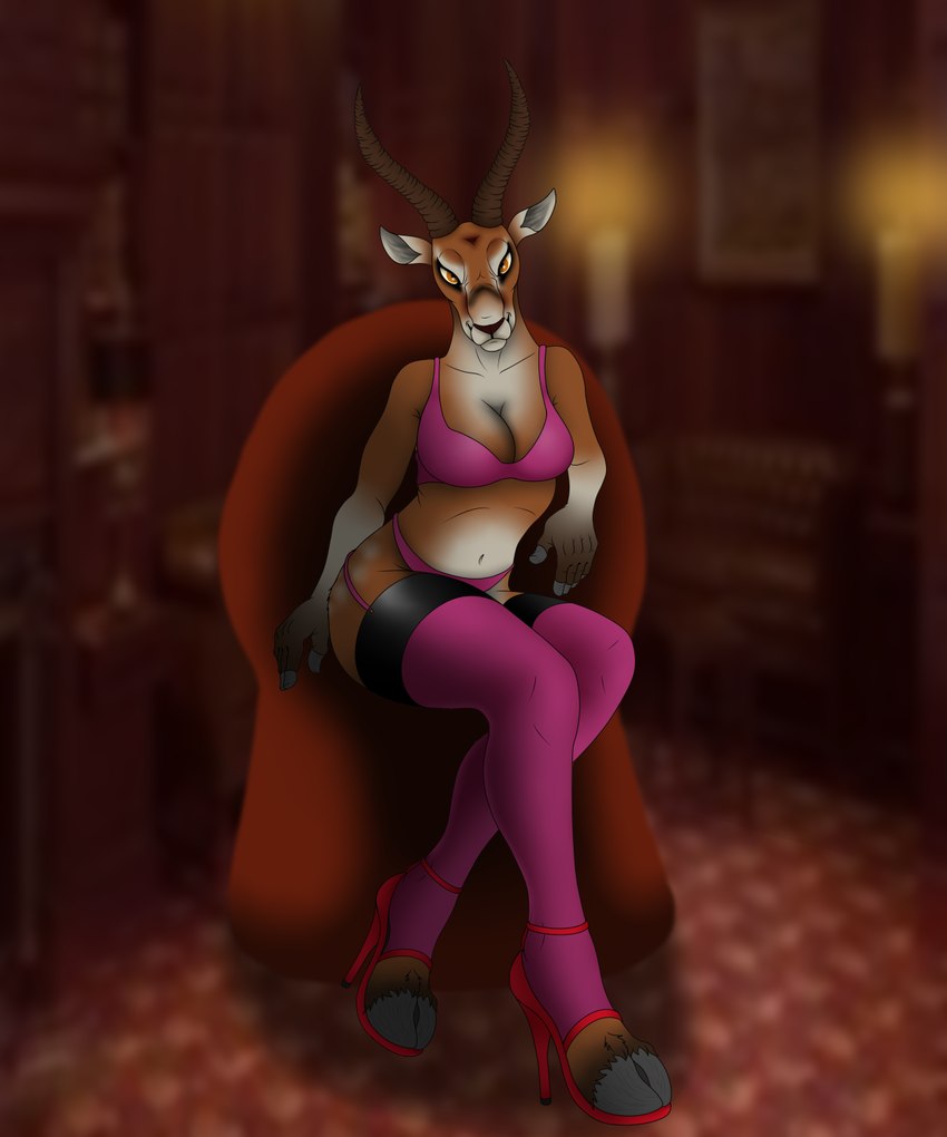 anthro bra breasts chair cleavage clothed clothing female footwear furniture high_heels hooves horn legwear lingerie pose shoes sitting solo stockings thigh_highs underwear rahir antelope bovid cervine deer gazelle mammal 5:6 digital_media_(artwork) hi_res