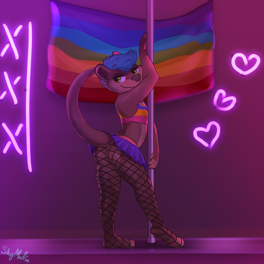 anthro blue_bottomwear blue_clothing blue_hair blue_skirt bottomwear butt clothing crop_top eyeliner femboy fishnet_clothing flag flag_(object) flag_on_wall grabbing_pole green_eyes hair heart_symbol lgbt_pride lights looking_at_viewer looking_back looking_back_at_viewer makeup male multicolored_body multicolored_clothing multicolored_crop_top multicolored_shirt multicolored_topwear pansexual_pride_colors paws pole presenting presenting_hindquarters pride_color_clothing pride_color_crop_top pride_color_flag pride_color_shirt pride_color_topwear pride_colors rainbow_pride_colors raised_tail seven-stripe_rainbow_pride_colors shirt skirt solo stage stripper_pole suggestive tail topwear two_tone_body skymafia otterlytoast_(character) mammal mustelid otter 1:1 hi_res