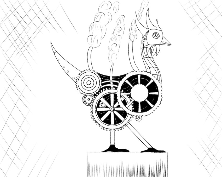 alternative_fashion beak black_eyes gear machine mechanism simple_background solo standing steam steampunk tail white_background leprzil inktober inktober_2022 automaton avian bird chicken galliform gallus_(genus) humanoid phasianid robot robot_humanoid 2022 5:4 digital_media_(artwork) monochrome sketch