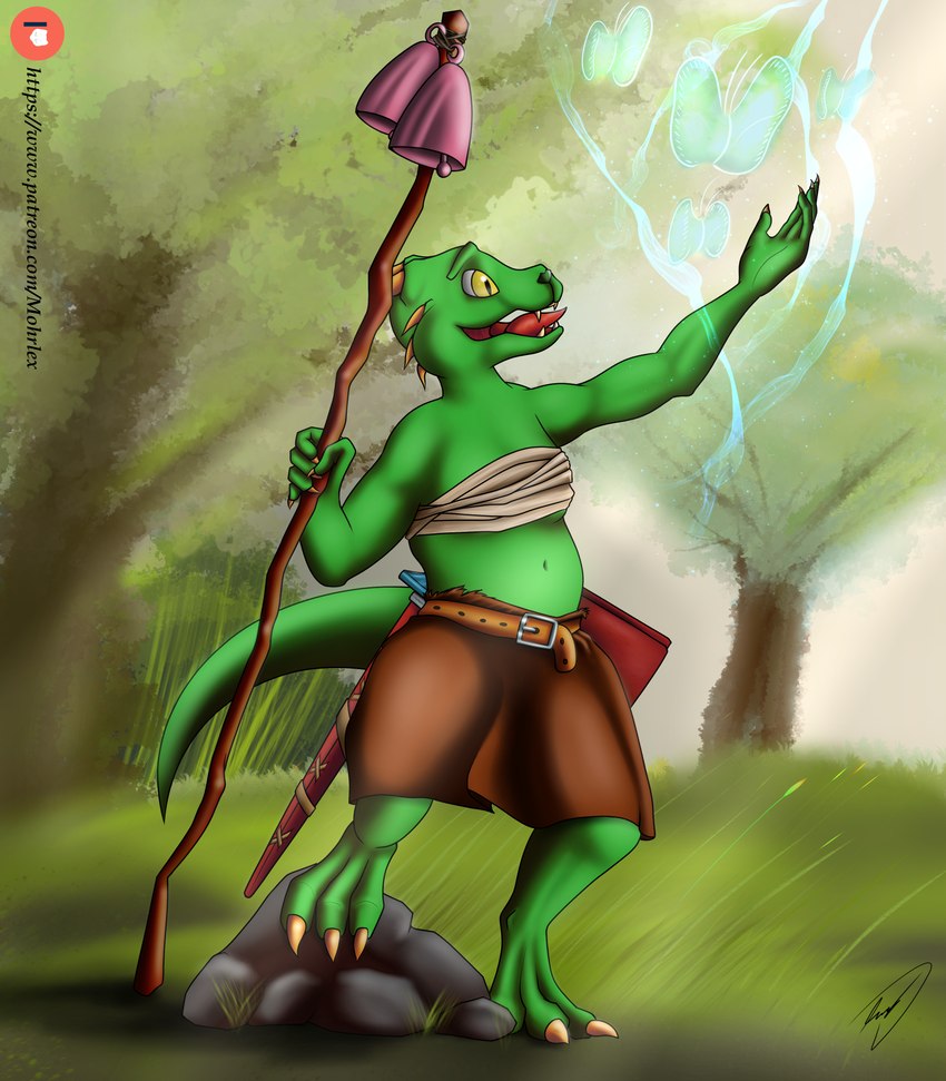 anthro bandage bandaged_chest bell belt book bottomwear breasts casting_spell claws clothed clothing detailed_background digitigrade fantasy feet female forest green_body green_scales green_skin happy holding_object horn loincloth magic magic_user melee_weapon nature nature_background open_mouth outside plant rock scales short_stack slightly_chubby smile solo staff sword tail teeth thick_tail thick_thighs toes tongue tongue_out tree weapon wide_hips wrappings yellow_eyes mohrlex gloobi_(mohrlex) arthropod butterfly insect kobold lepidopteran scalie absurd_res digital_media_(artwork) hi_res