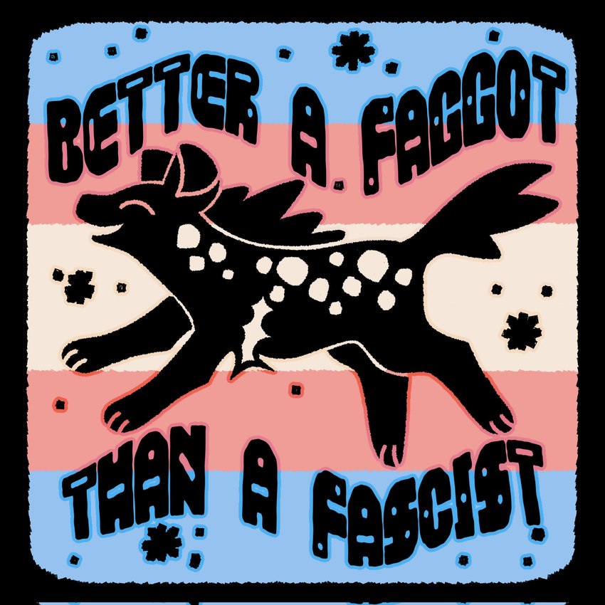 3_toes antifa black_body black_fur eyes_closed feet feral fur homophobic_slur lgbt_pride male markings mastectomy_scar open_mouth open_smile politics pride_color_background pride_colors profanity protest_art public_service_announcement quadruped running scar simple_background smile solo spots spotted_body spotted_fur toes transgender_pride_colors osdok lgbt_pride_month paramour_(osdok) hyena mammal 1:1 2024 hi_res reaction_image