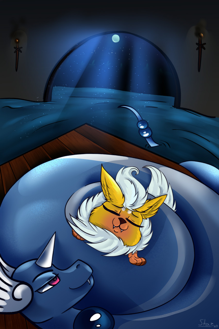 bean candy cuddling cute_fangs dessert duo fangs female feral flarebie fluffy fluffy_tail food jelly_bean light male male/female moonlight paws serpentine sky star starry_sky tail teeth water sillyfoxart nintendo pokemon fan_character nightsky snuggly canid canine dragonair eeveelution flareon fox generation_1_pokemon mammal pokemon_(species) absurd_res hi_res