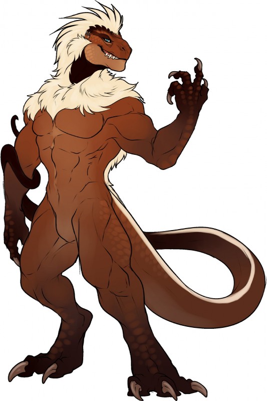 anthro beckoning blue_eyes brown_body brown_skin claws featureless_crotch flexing fur gesture grin hair looking_at_viewer male manly muscular muscular_anthro muscular_male nude pecs piercing smile smug solo standing teeth white_body white_fur blackchaos666 vance_(mili) dinosaur lizard prehistoric_species reptile scalie hi_res