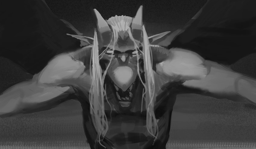 anthro biceps deltoids gradient_background hair horn humanoid_pointy_ears long_hair looking_at_viewer male membrane_(anatomy) membranous_wings open_mouth pecs pointy_ears simple_background solo teeth white_eyes wings malorne disney gargoyles brooklyn_(gargoyles) gargoyle monochrome