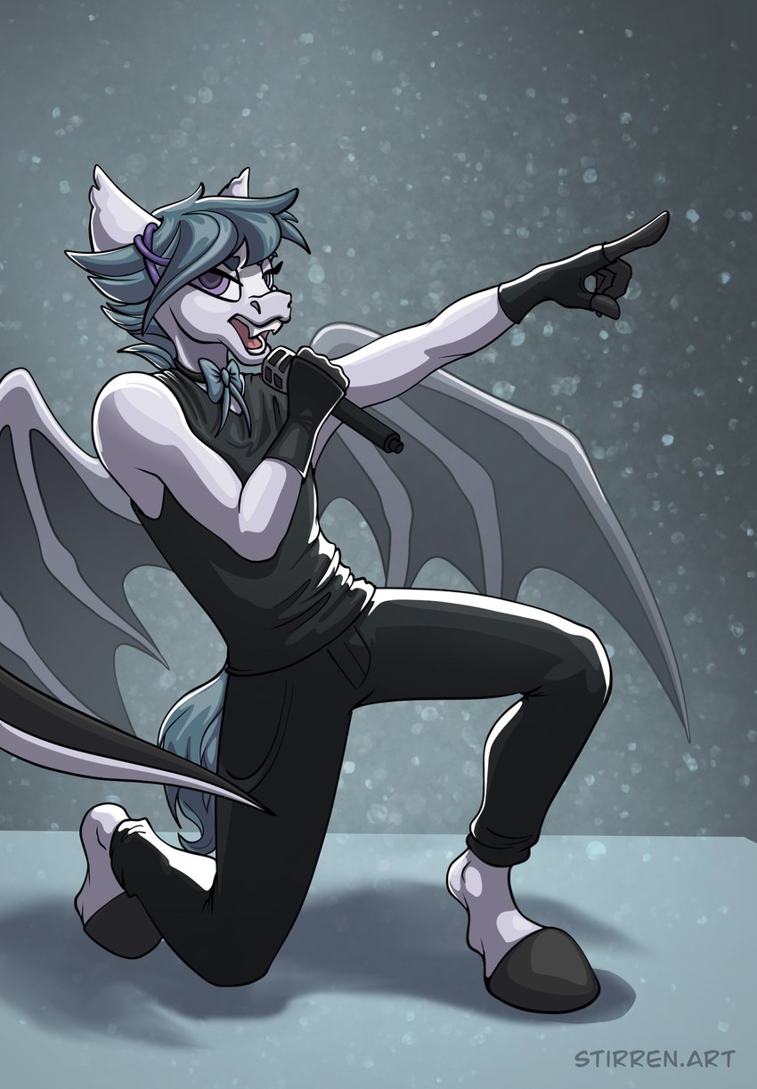 anthro clothing electronics fangs fingerless_gloves gesture gloves hand_gesture handwear hooves male membrane_(anatomy) membranous_wings microphone pointing pose singing solo spread_wings stage teeth wings stirren hasbro my_little_pony fan_character bat_pony equid mammal 2025 digital_media_(artwork) hi_res