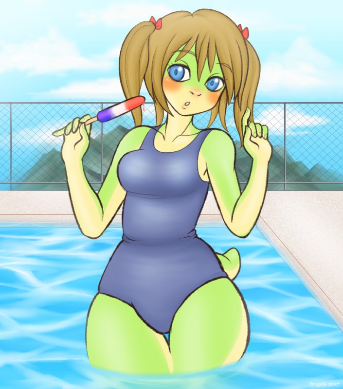 anthro blue_eyes clothed clothing detailed_background female food green_body green_skin one-piece_swimsuit pigtails poolside popsicle solo swimming_pool swimwear water frogela_(artist) frogela amphibian frog 2017 hi_res