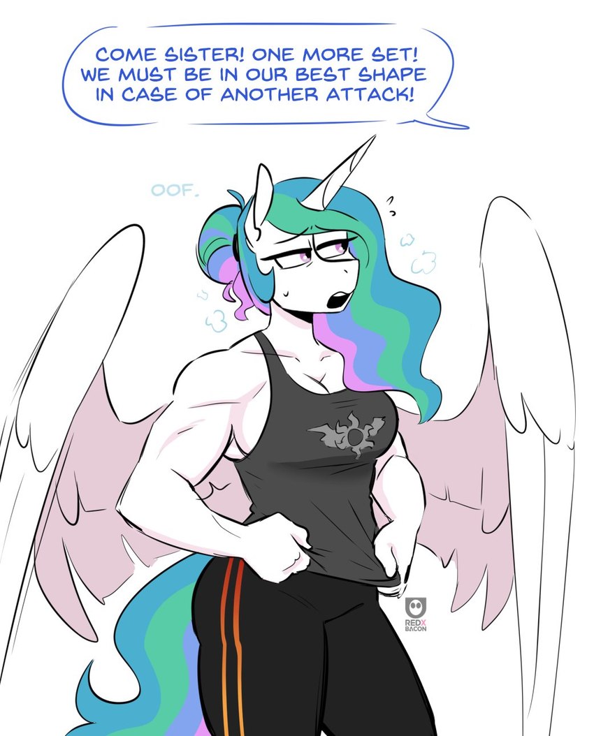 anthro anthrofied biceps bodily_fluids breasts cleavage clothed clothing dialogue female hair hair_bun horn multicolored_hair muscular muscular_female offscreen_character oof solo sweat sweatdrop text wings redxbacon friendship_is_magic hasbro my_little_pony mythology princess_celestia_(mlp) equid equine mammal mythological_creature mythological_equine winged_unicorn english_text hi_res