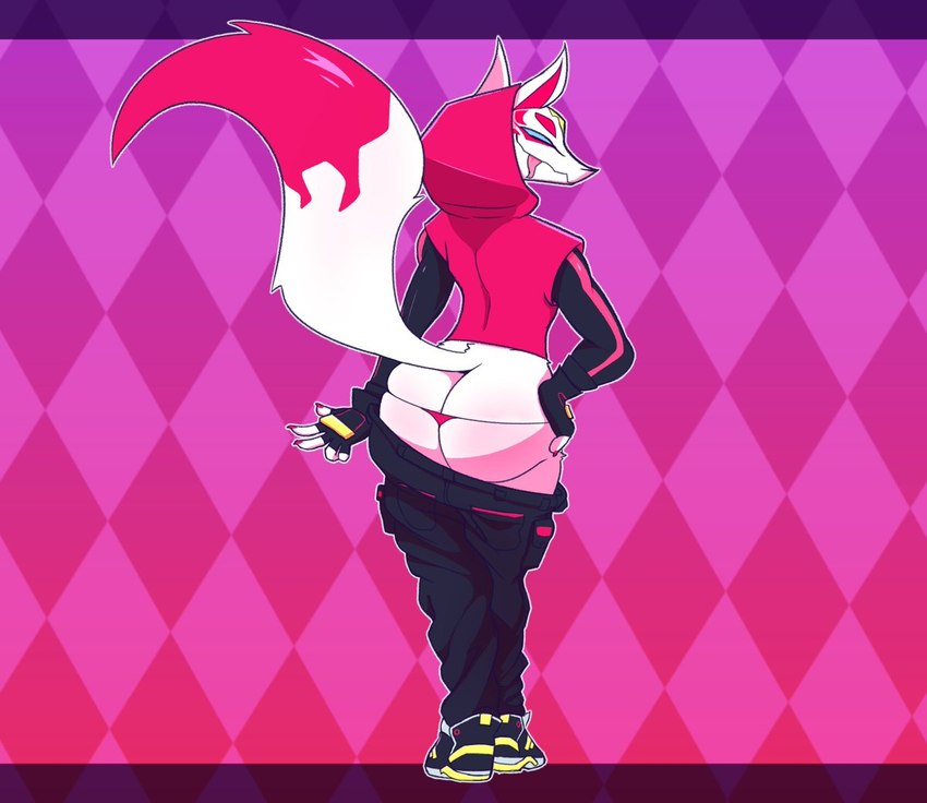 anthro big_butt bikini_thong butt clothing huge_butt looking_at_viewer looking_back male mostly_clothed presenting presenting_hindquarters purple_eyes sagging_pants solo swimwear tongue tongue_out two_tone_tail fawxythings epic_games fortnite drift_(fortnite) canid canine fox mammal