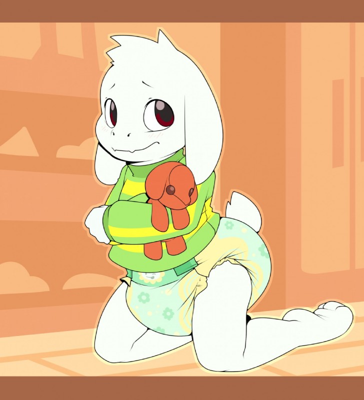 animal_plushie anthro baby blush clean_diaper clothed clothing diaper floral floral_diaper floral_pattern floral_print fur head_print holding_object holding_plushie kemono kneeling male pattern_diaper plushie print_diaper red_eyes solo wearing_diaper white_body white_fur young young_anthro young_male bubblepuppers undertale undertale_(series) asriel_dreemurr boss_monster_(undertale) bovid caprine inanimate_object mammal hi_res