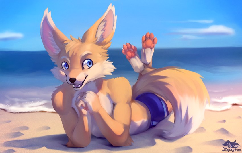 anthro beach black_nose clothed clothing dipstick_tail fur markings outside paws seaside swimwear tail tail_markings zephyxus rennearc canid canine fennec_fox fox mammal true_fox 2020 absurd_res hi_res