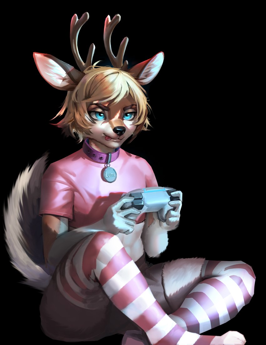 anthro antlers blonde_hair blue_eyes brown_body brown_fur clothed clothing collar collar_tag crossdressing femboy fur gaming hair horn legwear male pink_clothing pink_shirt pink_topwear shirt solo stockings topwear white_body white_fur conquart canid canine canis deer domestic_dog husky hybrid mammal nordic_sled_dog spitz absurd_res alpha_channel hi_res