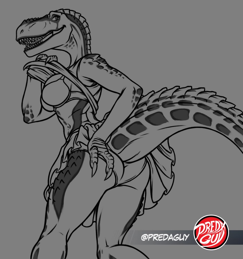 anthro bra butt cheerleader clothed clothing female flashing flashing_bra flashing_butt flashing_panties long_tail markings panties raised_tail smile solo tail tail_markings thick_tail underwear upskirt predaguy daphne_(raphael) daspletosaurus dinosaur prehistoric_species reptile scalie theropod tyrannosaurid tyrannosauroid