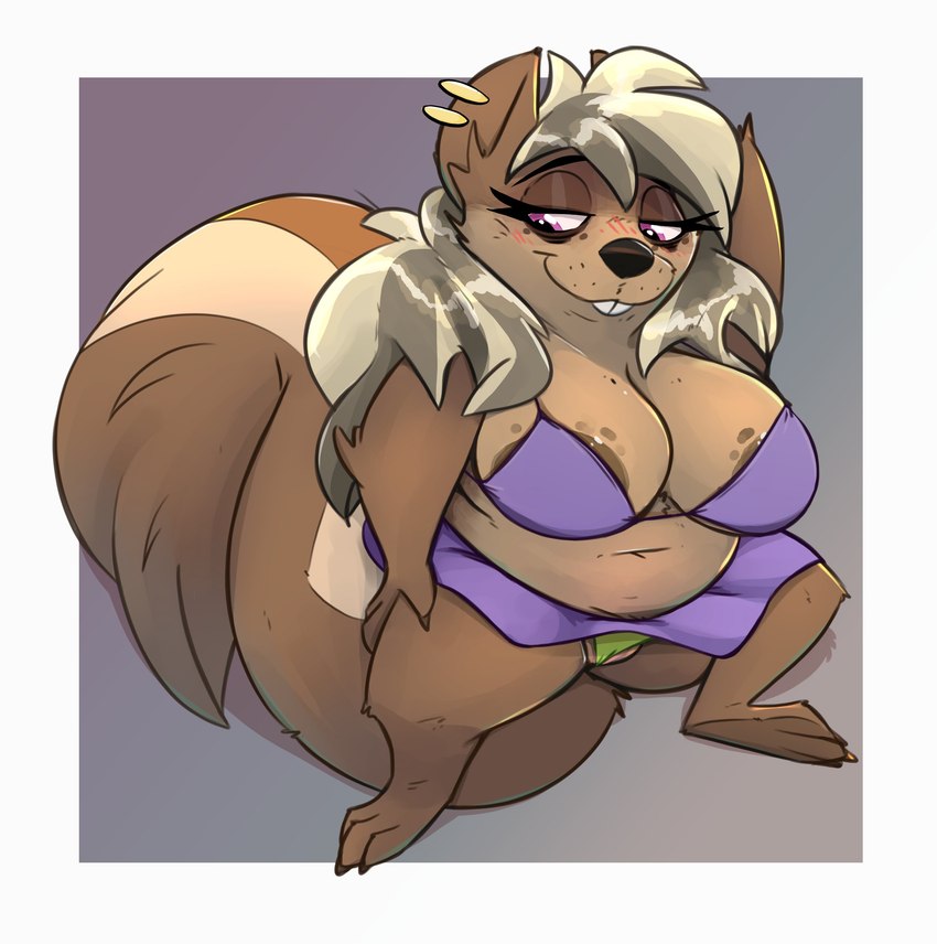 anthro areola areola_slip barely_visible_genitalia barely_visible_pussy big_areola big_breasts bikini blonde_hair blush bottomwear breasts brown_areola brown_body brown_fur buckteeth claws clothing cosplay curvy_figure ear_piercing ear_ring exposure_variation eye_bags eyelashes female fluffy fluffy_tail fur genitals glistening_eyelids hair hand_behind_head hands_on_leg hands_on_thigh huge_breasts lidded_eyes mature_anthro mature_female multicolored_body multicolored_fur obese overweight panties panty_shot partially_visible_vulva piercing pink_pussy purple_eyes pussy raised_arm ring_piercing semi-anthro skirt slightly_chubby solo stocky swimwear tail tan_body tan_fur teeth two-piece_swimsuit two_tone_body two_tone_fur underwear voluptuous voluptuous_anthro voluptuous_female noodlestoat mammal rodent sciurid tree_squirrel absurd_res hi_res