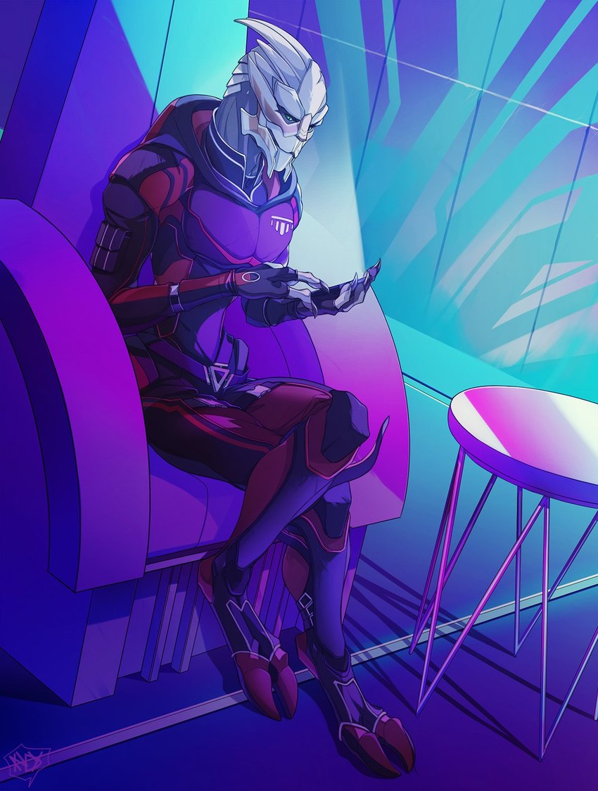 blue_eyes bodypaint cellphone chair clothed clothing crossed_legs electronics face_paint furniture holding_cellphone holding_object holding_phone holding_smartphone inside male on_chair phone sitting smartphone solo table el-ricado bioware electronic_arts mass_effect varik_naharis alien alien_humanoid humanoid turian digital_media_(artwork) hi_res