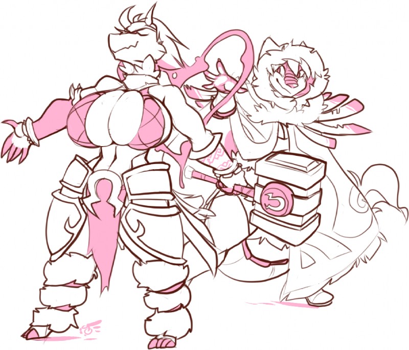 anthro big_breasts bottomwear breasts clothed clothing duo eyes_closed female fur hair hammer horn loincloth smile standing tail tools wide_hips jinti mythology conor_emberthor dragon furred_dragon furred_scalie hybrid mythological_creature mythological_scalie scalie