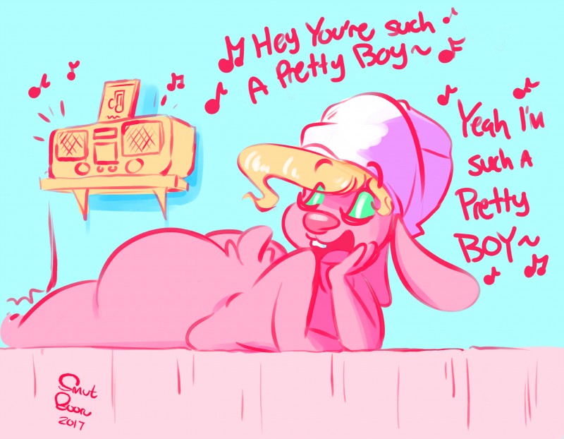 anthro big_butt buckteeth butt eyes_closed eyeshadow femboy lying makeup male music musical_note musical_symbol nude on_front raised_arm singing solo stereo symbol teeth text towel smutbooru kayla_(kmorrisoncartoons) lagomorph leporid mammal rabbit 2017 digital_media_(artwork) english_text hi_res