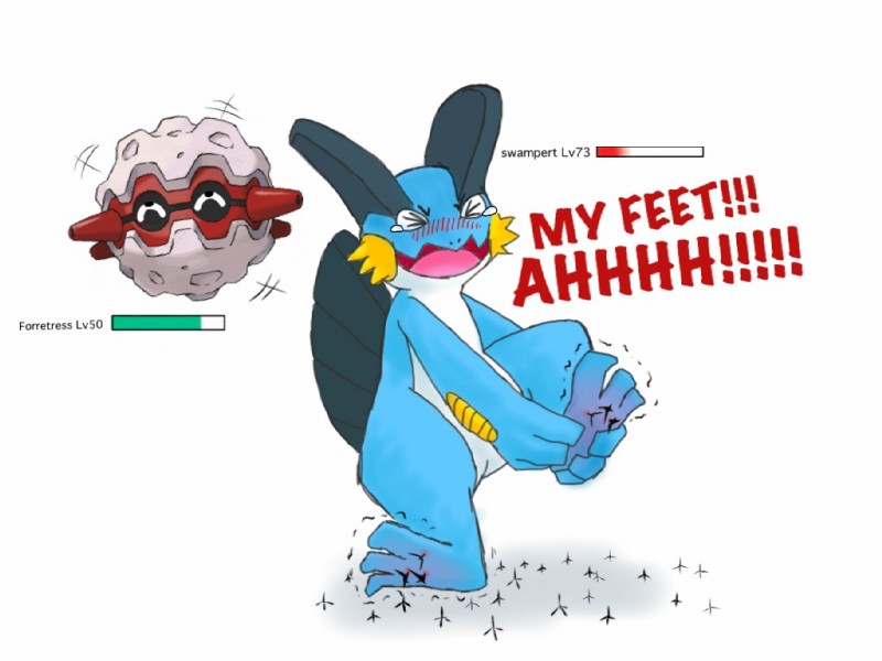 ambiguous_gender blush bodily_fluids crying duo feet hindpaw jumping on_one_leg pain paws shout standing tears seikokun nintendo pokemon forretress generation_2_pokemon generation_3_pokemon pokemon_(species) swampert 2013 4:3