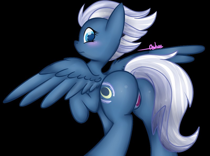 blue_body blue_feathers blue_fur blush cutie_mark feathered_wings feathers female feral fur genitals hair looking_at_viewer looking_back pussy simple_background solo spread_wings transparent_background white_hair wings ashee friendship_is_magic hasbro my_little_pony mythology night_glider_(mlp) equid equine horse mammal mythological_creature mythological_equine pegasus pony 2016 alpha_channel hi_res