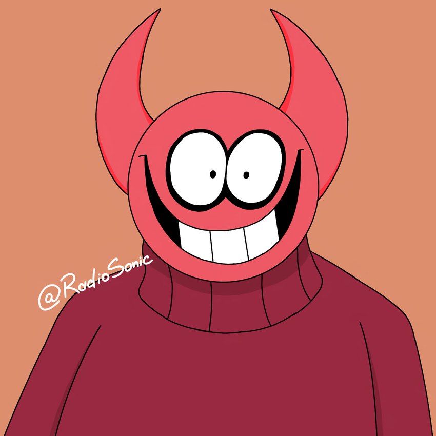 brown_background clothed clothing glare horn iris male not_furry red_clothing red_horn red_sweater red_topwear simple_background smile solo sweater teeth topwear white_eyes radiosonic94 spooky_month bob_velseb demon humanoid mammal monster 1:1 absurd_res hi_res