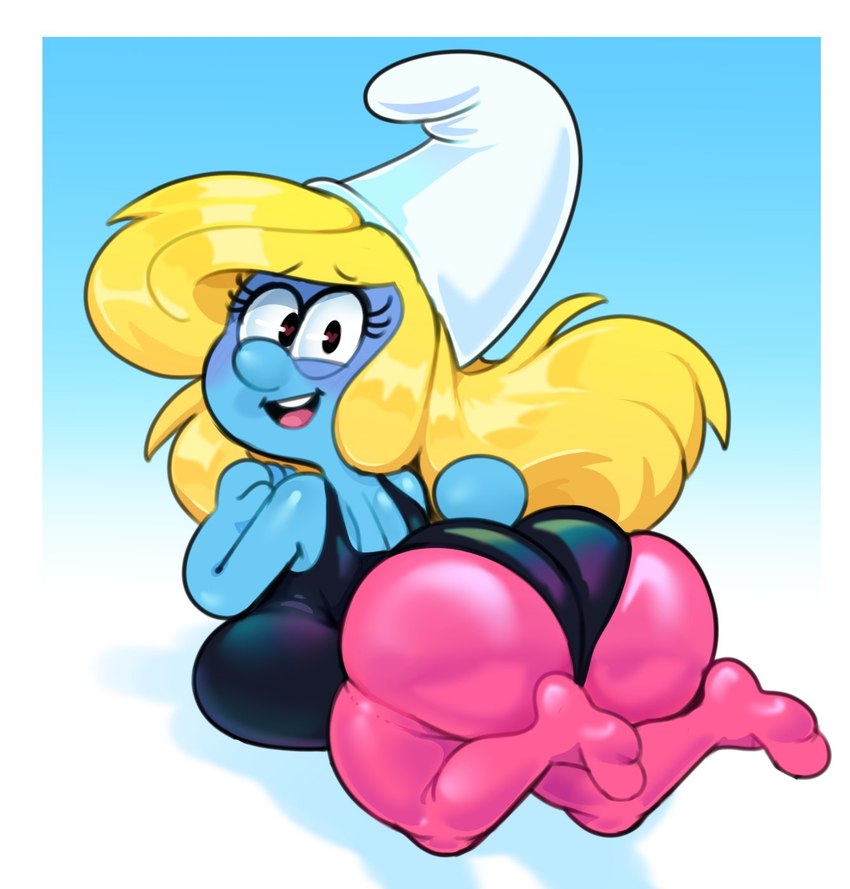 bent_over big_breasts big_butt black_eyes blonde_hair blue_body bottomwear breasts butt clothing female hair hat headgear headwear heart_pupils huge_breasts huge_butt kneeling leotard looking_at_viewer looking_back not_furry open_mouth pants solo tail thick_thighs yoga_pants somescrub the_smurfs smurfette humanoid smurf 2022 hi_res