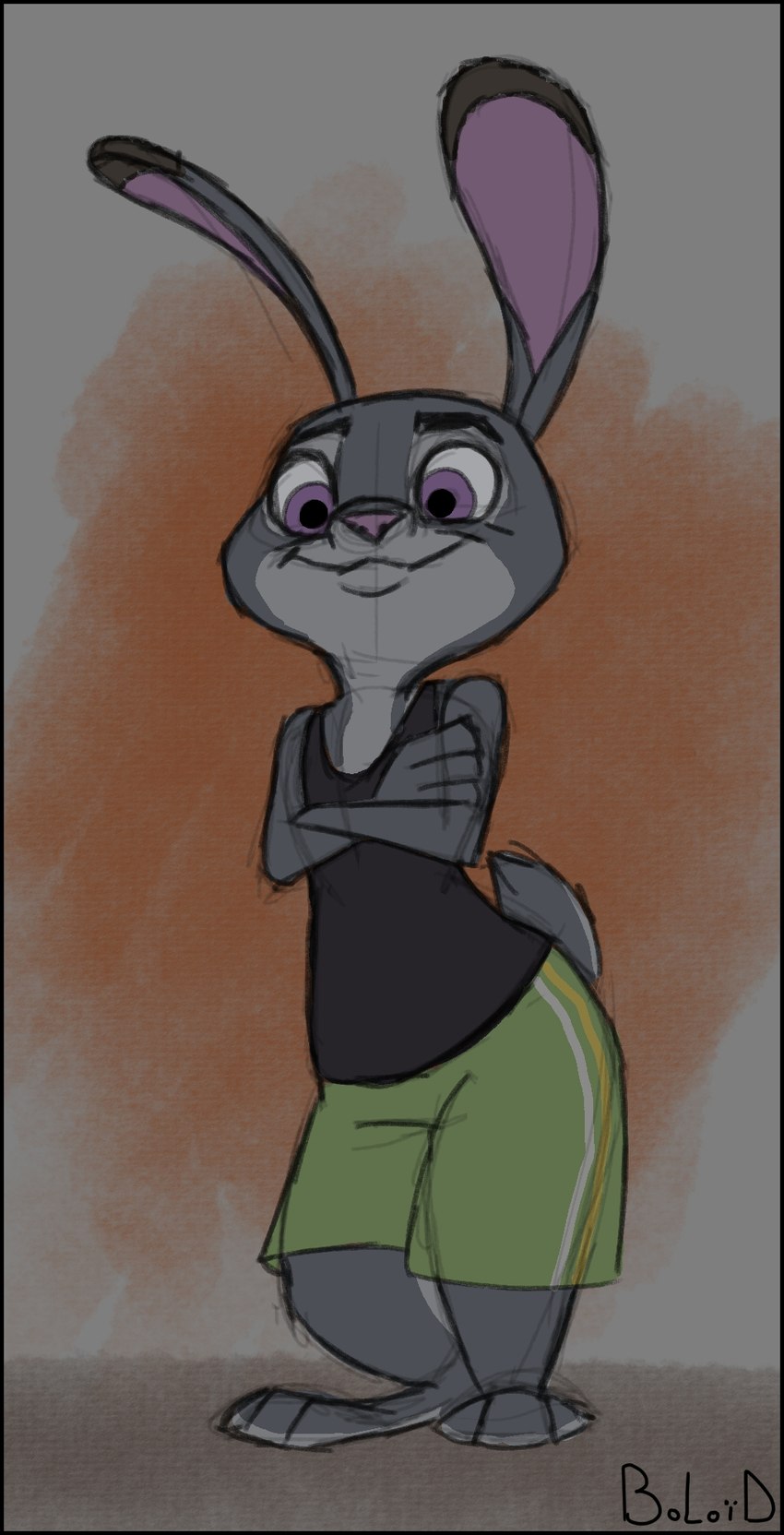 anthro bottomwear clothing female purple_eyes shirt short_stack shorts solo tank_top topwear boloid disney zootopia judy_hopps european_rabbit lagomorph leporid mammal oryctolagus rabbit digital_media_(artwork) hi_res