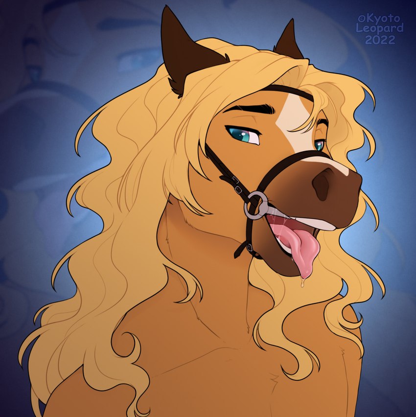 anthro blonde_hair blue_eyes bodily_fluids bound bridle eyebrows eyelashes fur hair looking_at_viewer male open_mouth saliva simple_background snaffle solo teeth tongue tongue_out kyotoleopard golden_wing equid equine horse mammal 2022 digital_media_(artwork) hi_res portrait