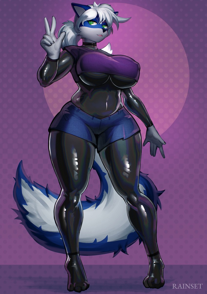 4_toes 5_fingers anthro big_breasts black_bodysuit black_clothing black_latex black_skinsuit blue_body blue_bottomwear blue_clothing blue_fur blue_shorts bodysuit bottomwear breasts clothing digitigrade feet female fingers fluffy fluffy_tail fur glistening glistening_bodysuit glistening_clothing glistening_latex glistening_skinsuit green_eyes hair latex latex_bodysuit latex_clothing latex_skinsuit nipple_outline purple_clothing purple_topwear shorts skinsuit solo standing tail tight_clothing toes topwear white_body white_fur white_hair wide_hips rainset taki_(takikuroi) mammal mephitid skunk 2024 absurd_res hi_res