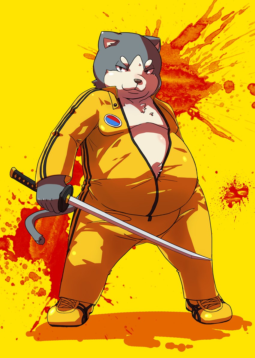 anthro belly big_belly biped blood bodily_fluids grey_body humanoid_hands kemono male moobs overweight overweight_male solo weapon dv-ch domestic_cat felid feline felis mammal 2011 hi_res