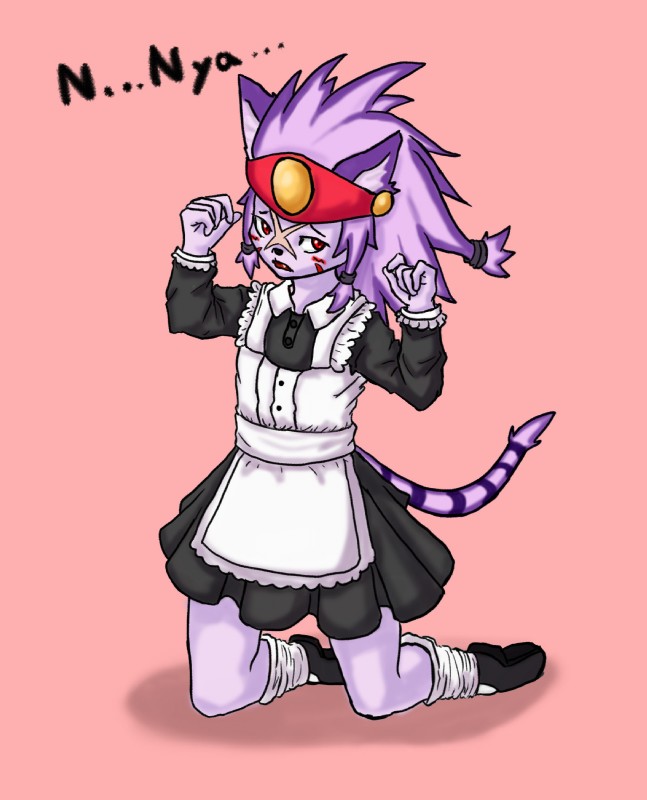 anthro biped blush clothed clothing crossdressing kneeling maid_uniform male nya simple_background solo uniform unknown_artist cyberconnect2 little_tail_bronx solatorobo beluga_damiens felid felineko mammal hi_res