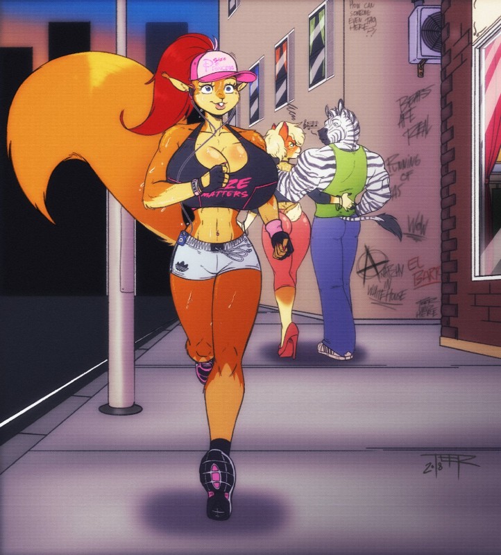 anthro baseball_cap big_breasts blonde_hair bodily_fluids bottomwear bra bracelet breasts buckteeth city cleavage clothed clothing detailed_background earbuds electronics female fingerless_gloves footwear fully_clothed gloves graffiti group hair handwear hat headgear headphones headwear huge_breasts jealous jewelry long_hair looking_at_another male midriff navel pants portable_music_player red_hair running shirt shoes short_hair shorts smile sneakers sports_bra street sweat tank_top teeth tight_clothing topwear underwear teer distracted_boyfriend marika_(teer) deer equid equine mammal rodent sciurid tree_squirrel zebra 2018 hi_res meme