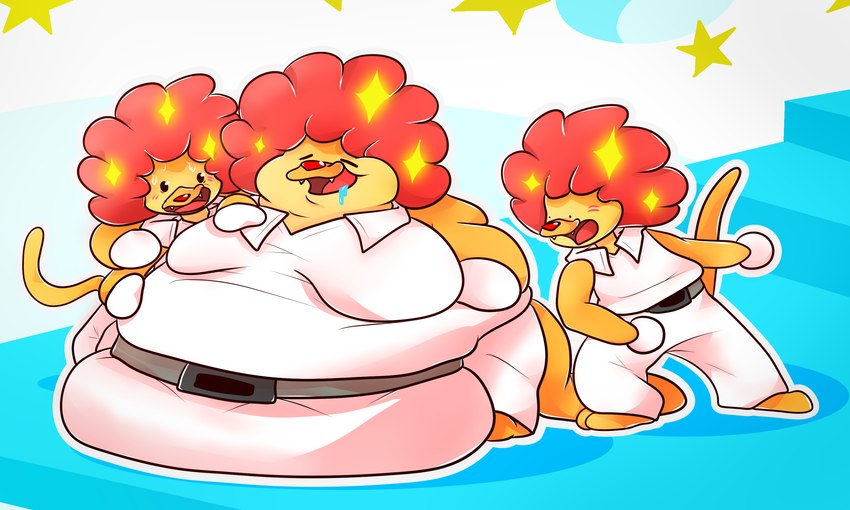 ambiguous_gender anthro belly belly_overhang blush bodily_fluids chubby_cheeks clothing fur group moobs morbidly_obese obese orange_body orange_fur overweight saliva shocked simple_background simple_coloring tight_clothing tired toony actualblueblu rhythm_heaven clappy_trio felid lion mammal pantherine 5:3 hi_res shaded simple_shading